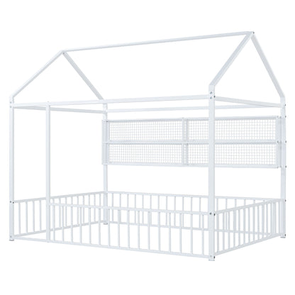 Full Size Bed House Frame With Fence And Shelves - White