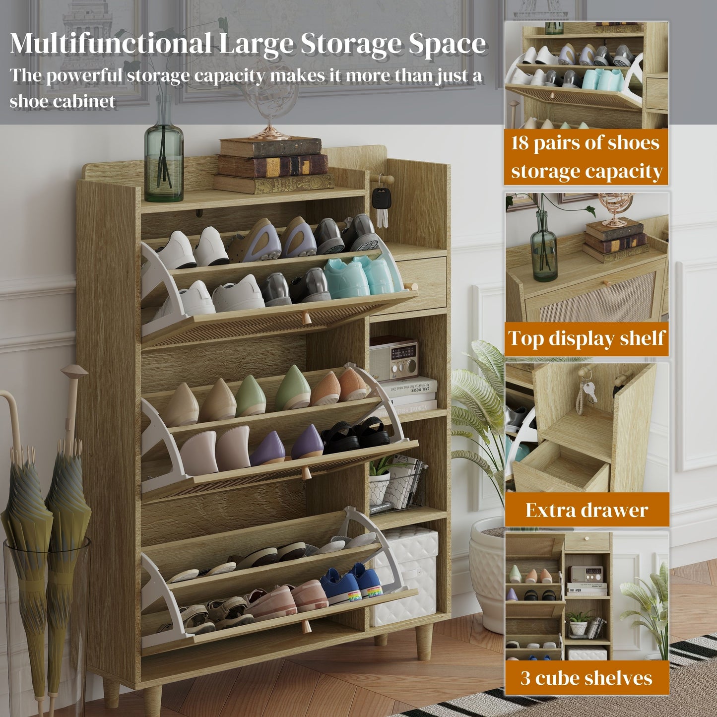 Natural Bohemia Style Shoe Cabinet, Shoe Rack Cabinet With 3 Rattan Flip Drawers, 3 Square Shelves And 1 Storage Drawer, Shoe Organizer With Mulit Storage Space And Hooks For Hallway, Entryway - Natural