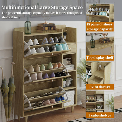 Natural Bohemia Style Shoe Cabinet, Shoe Rack Cabinet With 3 Rattan Flip Drawers, 3 Square Shelves And 1 Storage Drawer, Shoe Organizer With Mulit Storage Space And Hooks For Hallway, Entryway - Natural