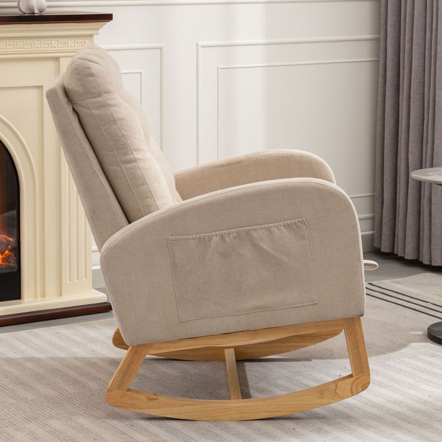 Accent Rocking Chair With Footrest High Back Rubber Wood Rocking Legs Bedroom Living Space - Beige
