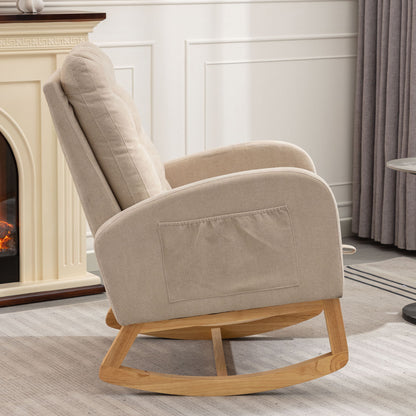 Accent Rocking Chair With Footrest High Back Rubber Wood Rocking Legs Bedroom Living Space - Beige