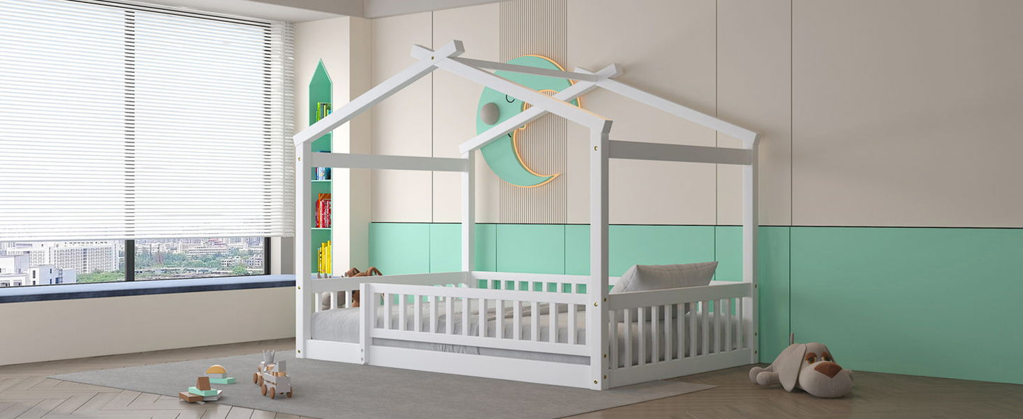 Full Size Bed House Bed Frame & Fence - White