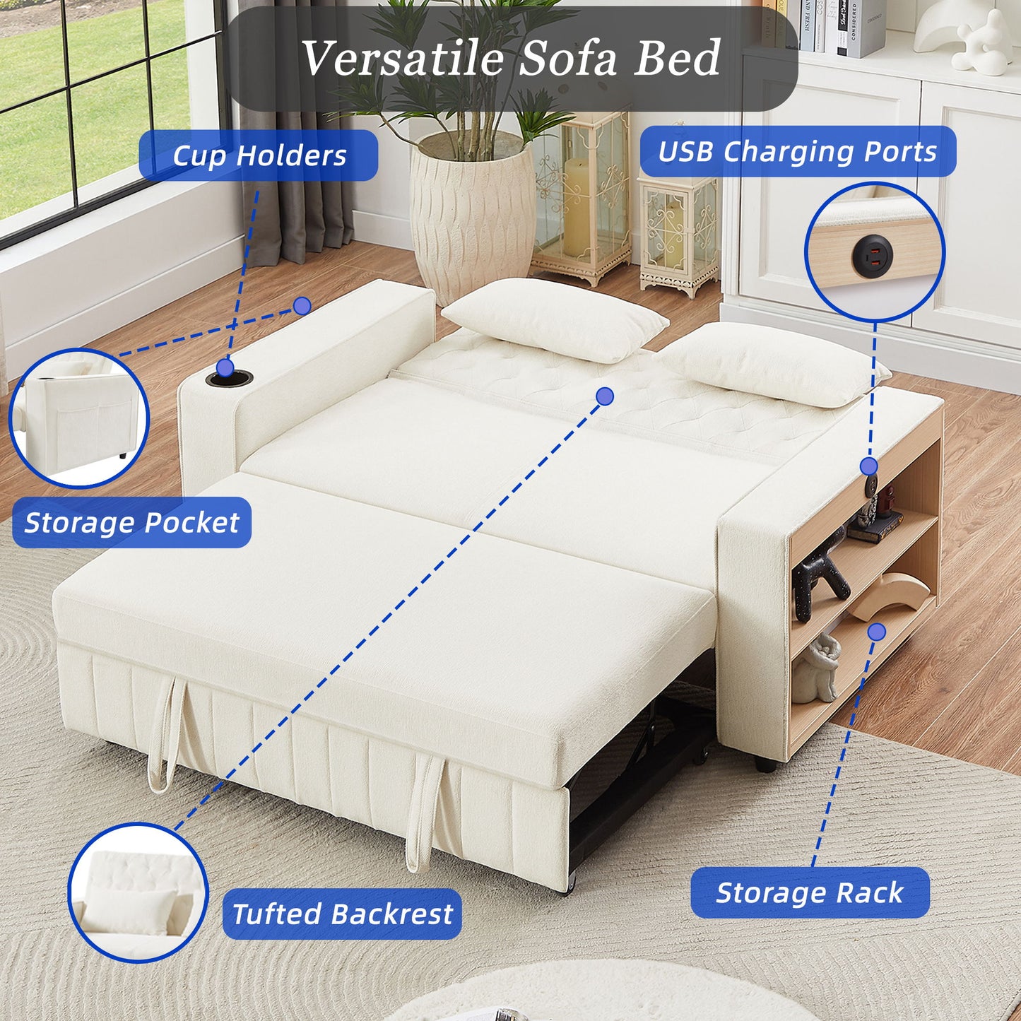 Pull Out Sofa Bed Convertible Couch Loveseat Sofa Modern Sleeper Sofa With Adjustable Backrest For Living Room - Beige