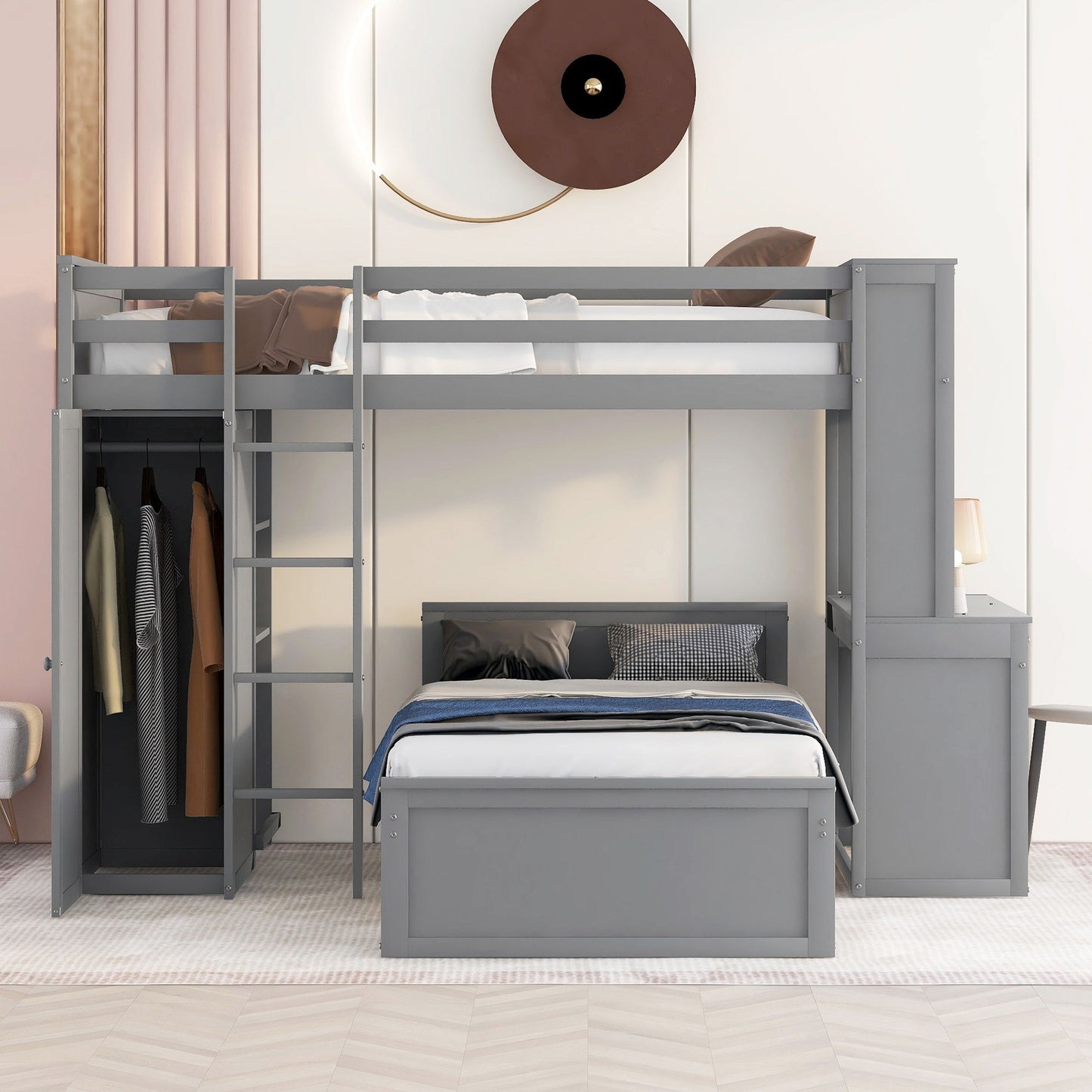 Twin Size Loft Bed With A Stand Alone Bed, Shelves, Desk, And Wardrobe - Gray