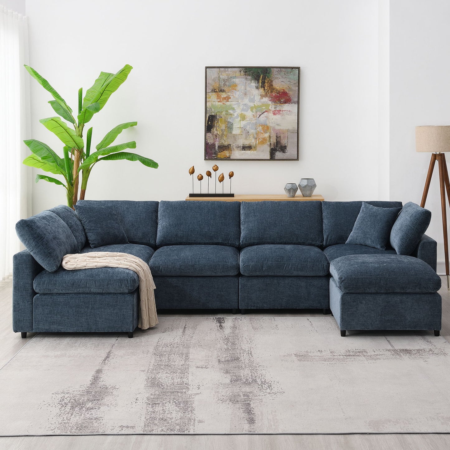 Modern Modular Cloud Sofa Bed, 6 Seat Chenille Sectional Couch Set With Ottoman, Free Combination, Convertible U Shaped Sleeper Sofa - Dark Blue