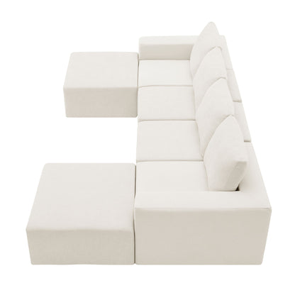 Modular U Shaped Sectional With Ottomans, Luxury Cloud Floor Couch With Deep Seat Fully Compressed Upholstered Sofa - Beige