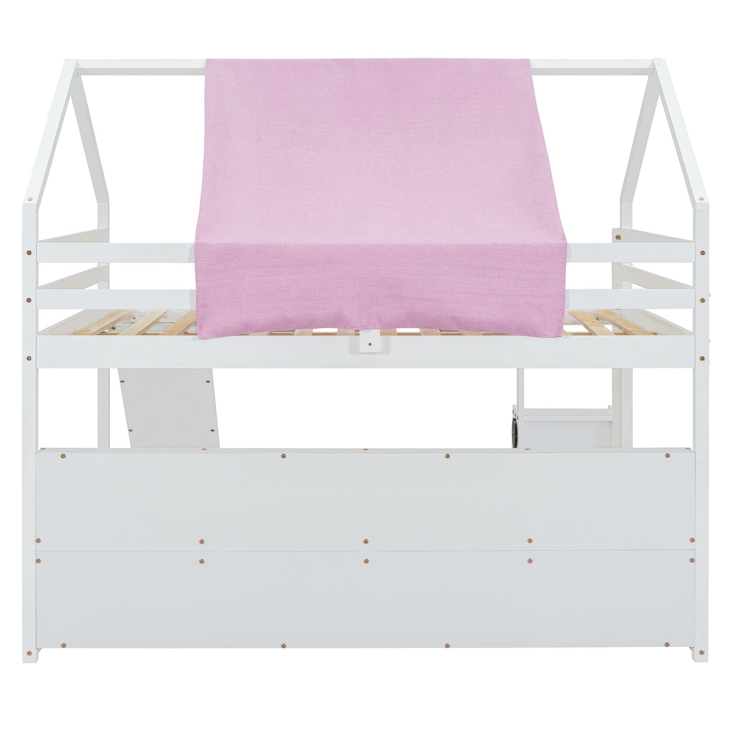 Full Size Loft Bed With House Shaped Frame And Tent - White / Pink