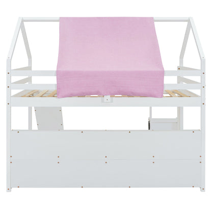 Full Size Loft Bed With House Shaped Frame And Tent - White / Pink