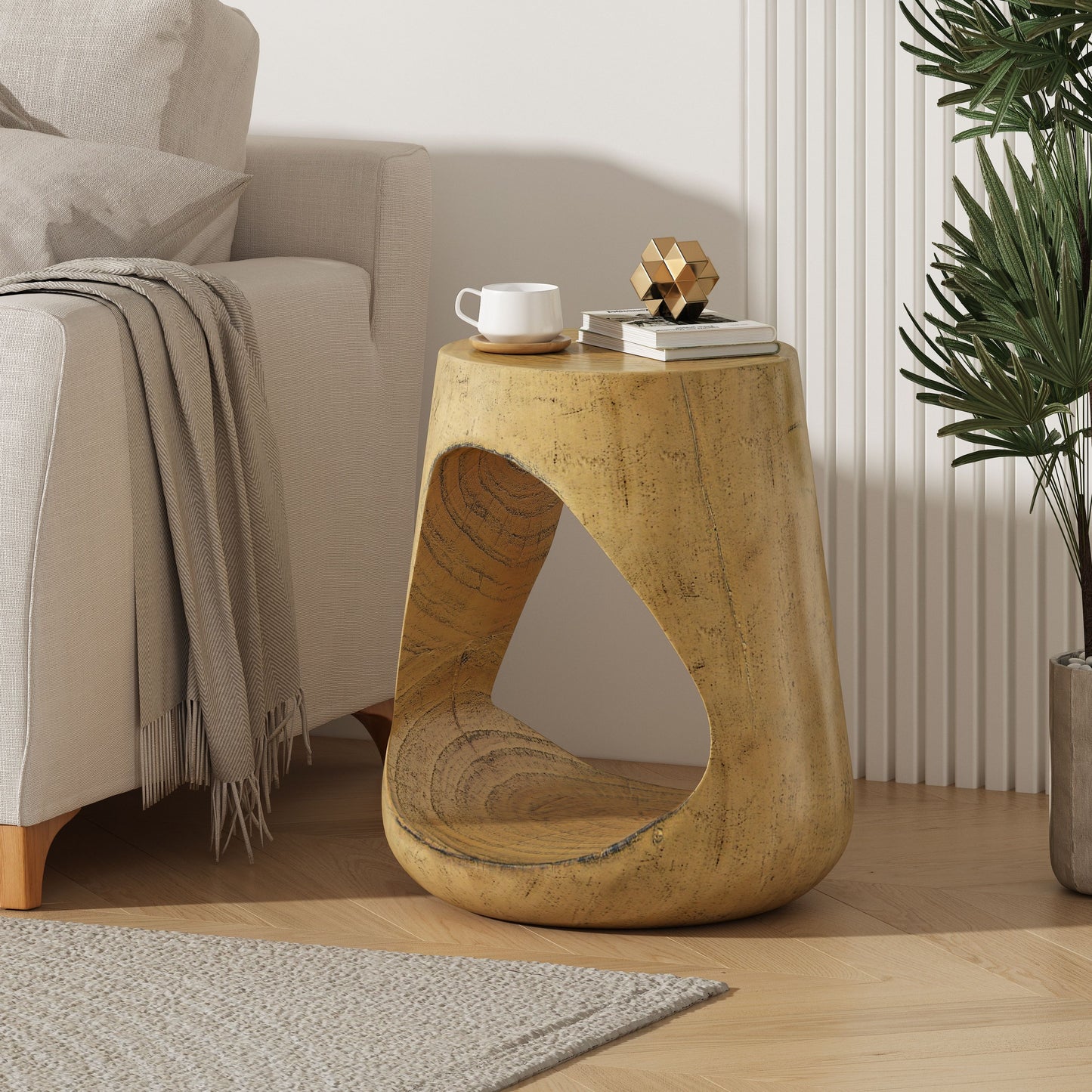 Mgo Hollow Side Table With Wood - Like Texture - Natural