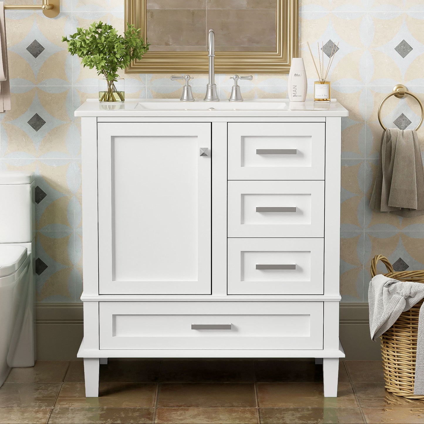 Bathroom Vanity, Modern Bathroom Cabinet With Sink Combo Set, Bathroom Storage Cabinet With A Soft Closing Door And 3 Drawers, Solid Wood Frame - White