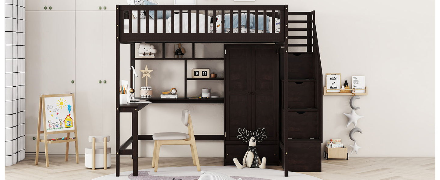 Full Size Loft Bed With Bookshelf, Drawers, Desk, And Wardrobe - Espresso
