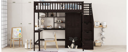 Full Size Loft Bed With Bookshelf, Drawers, Desk, And Wardrobe - Espresso