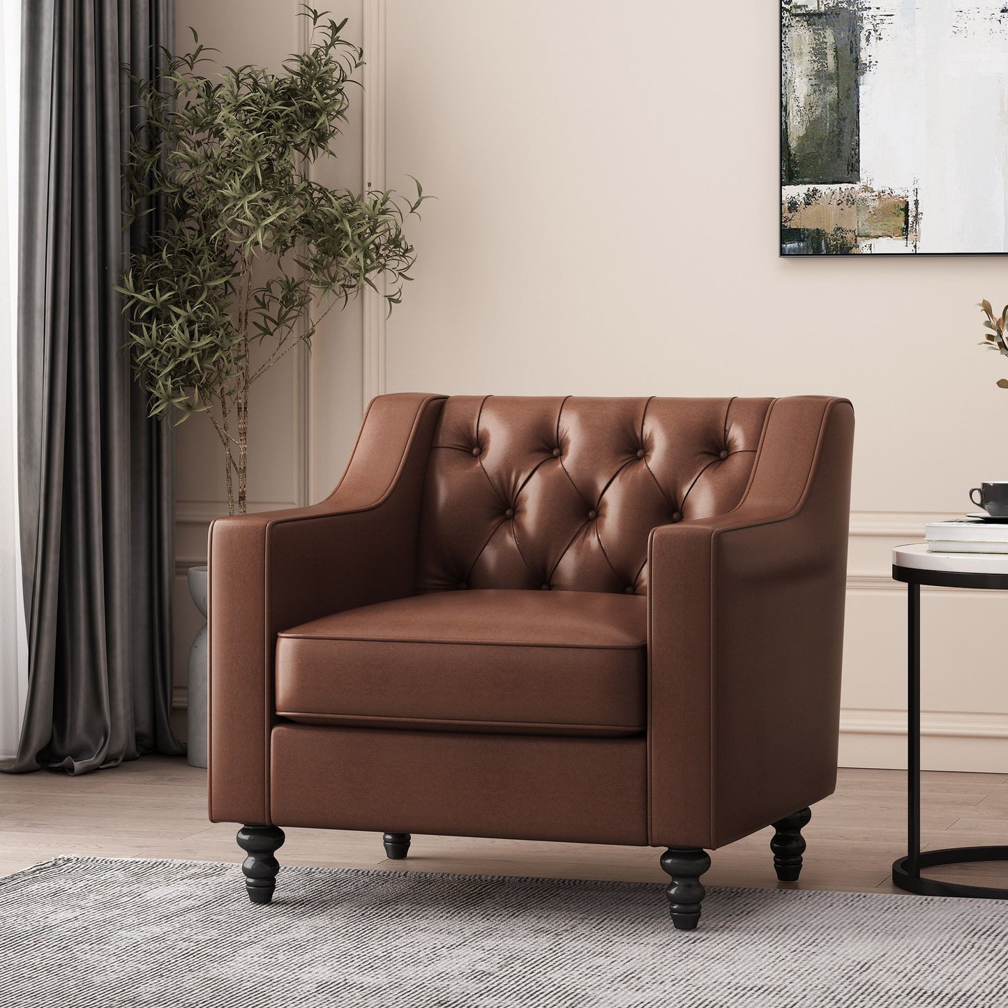 Contemporary Club Chair With Button Tufting And Birch Wood Legs - Dark Brown
