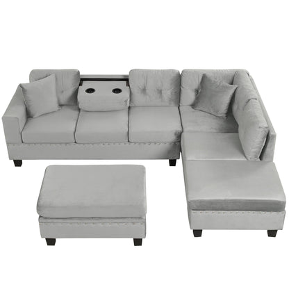 Modern Sectional Sofa With Storage Ottoman, L - Shape Couch With 2 Pillows And Cup Holders - Gray