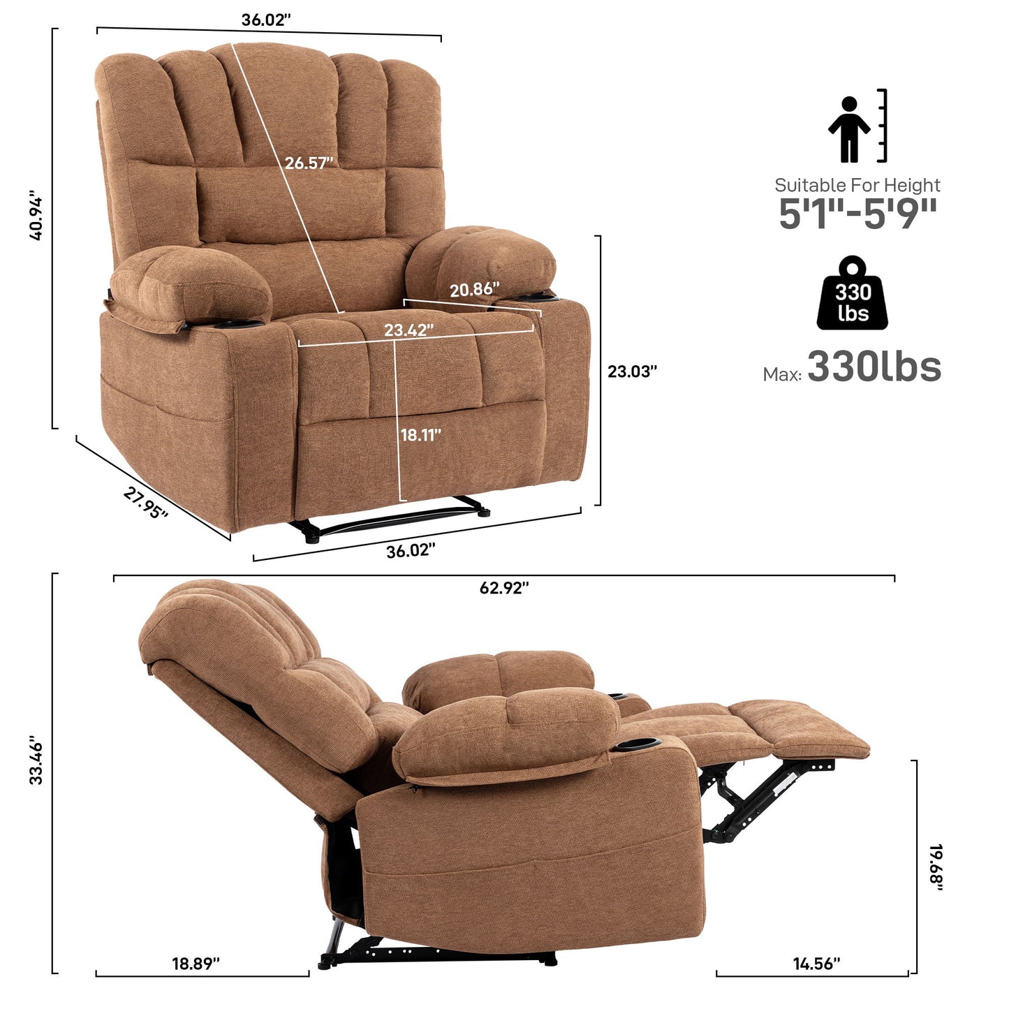 Massage Recliner Chair Sofa With Heating Vibration - Brown