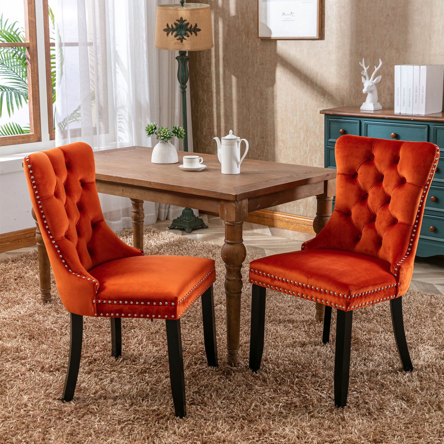 Nikki - Modern, High-End Tufted Solid Wood Contemporary Velvet Upholstered Dining Chair With Wood Legs Nailhead Trim (Set of 2) - Orange