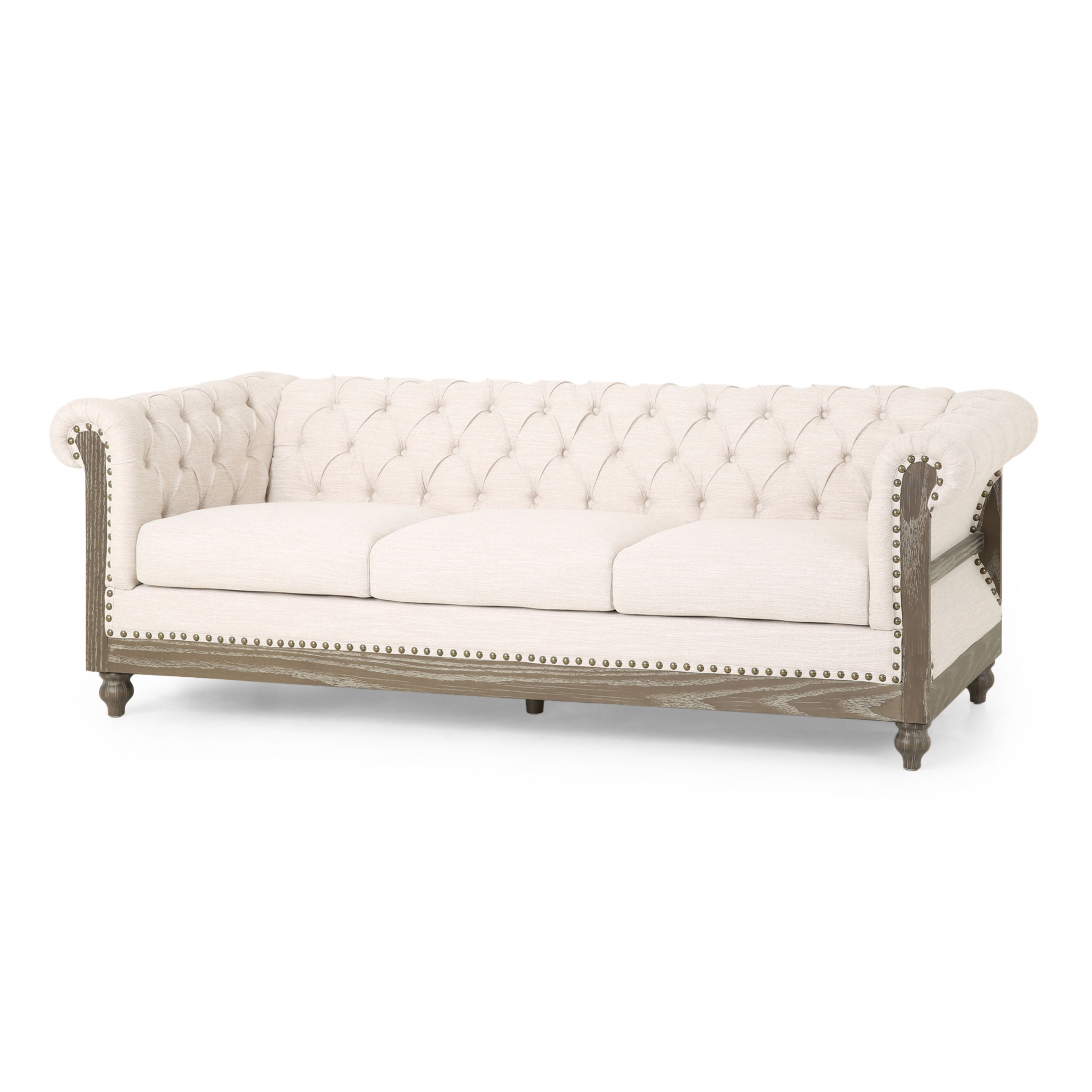 Comfy 3 Seat Sofa With Wooden Legs, Retro Style For Living Room - Beige