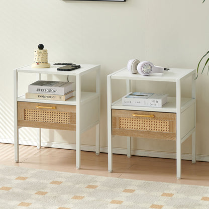 Rattan End Table With Power Outlet & USB Ports, Modern Nightstand With Drawer And Metal Legs, Side Table For Living Room, Bedroom (Set of 2) - White