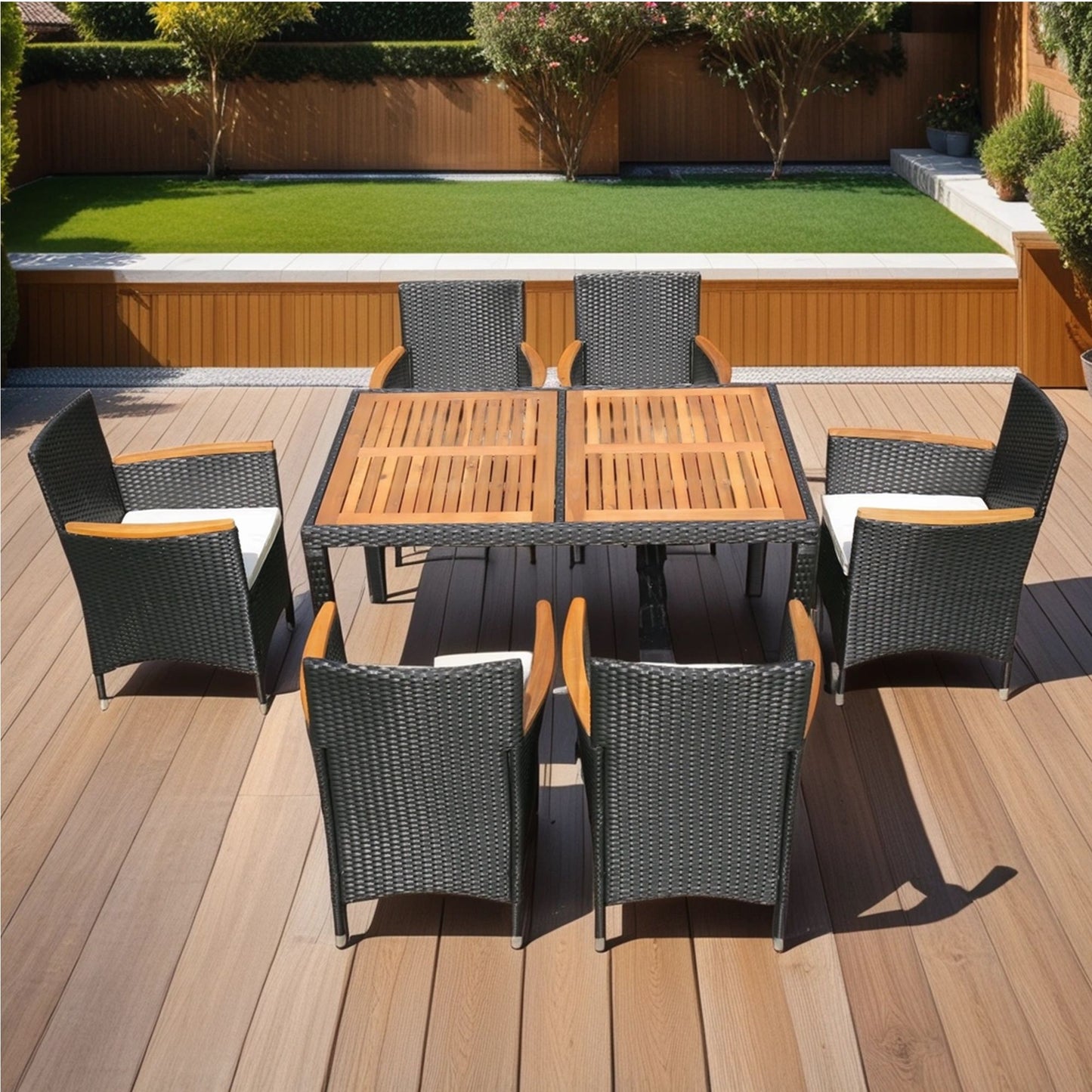7 Piece Outdoor Patio Wicker Dining Set Patio Wicker Furniture Dining Set - Black / Cream