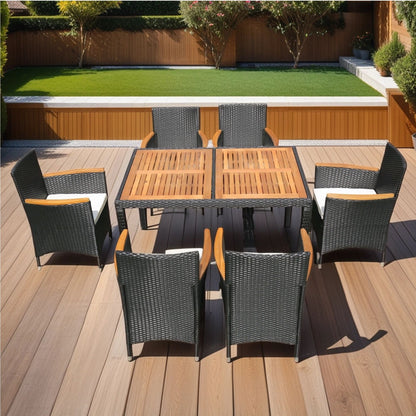 7 Piece Outdoor Patio Wicker Dining Set Patio Wicker Furniture Dining Set - Black / Cream