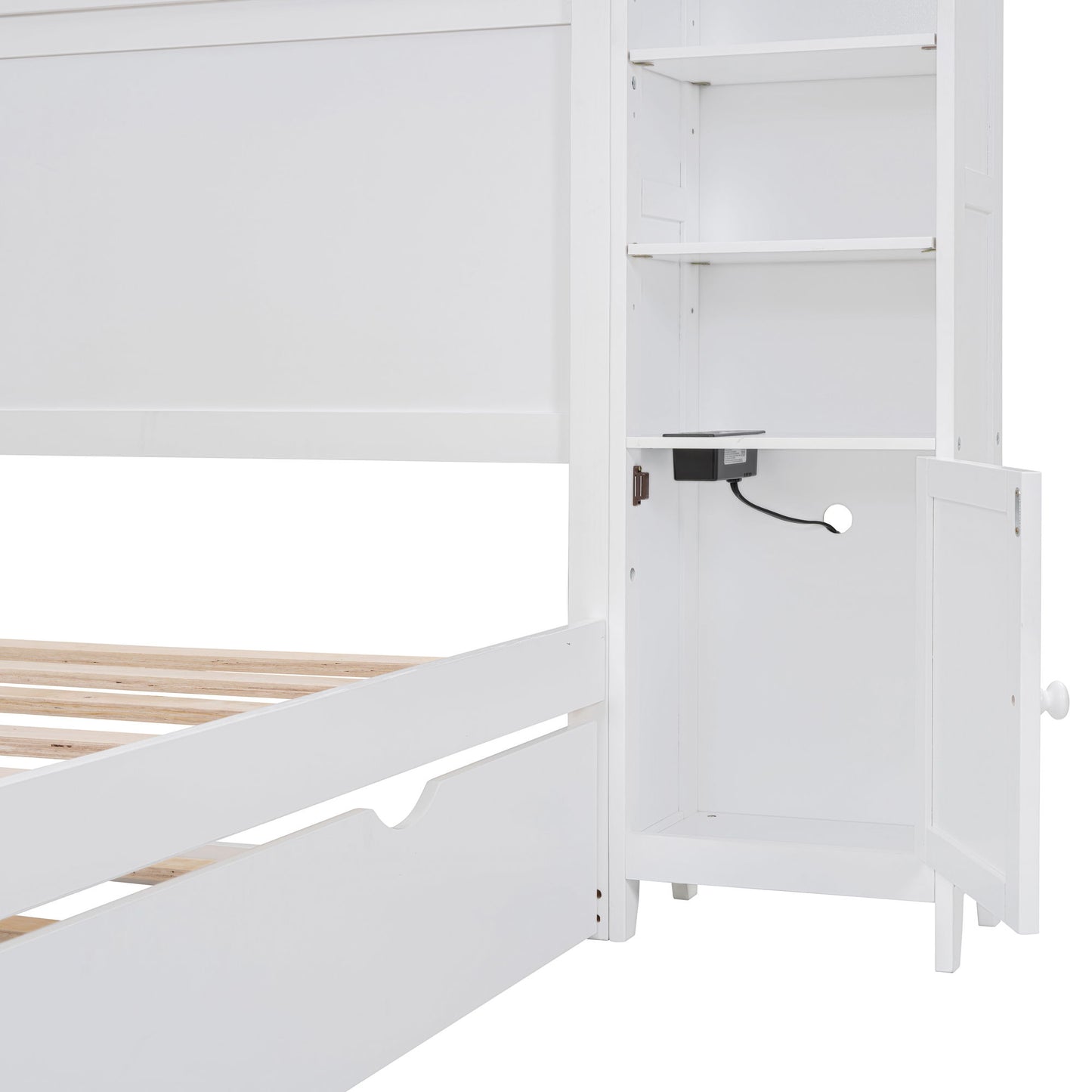Full Size Bed With All In One Cabinet, Shelf And Sockets, Twin Size Trundle - White