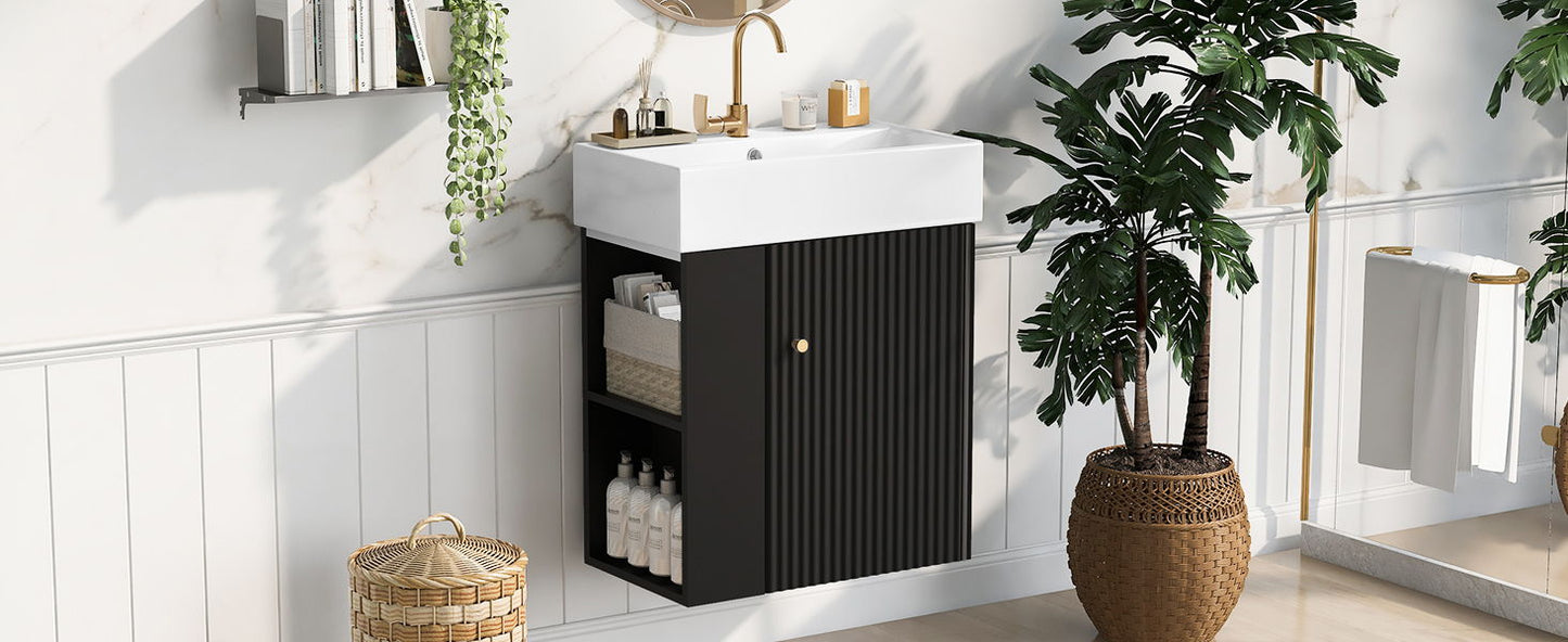 Modern Floating Bathroom Vanity With Ceramic Basin, Perfect For Small Bathrooms, Left Side Storage - Black