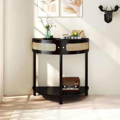 Boho Rattan Semi Circle End Table With Sliding Door, Elegant Wood Accent Table With Storage And Bottom Shelf - Black