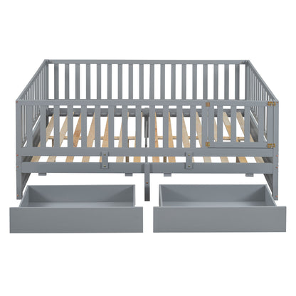 Full Size Daybed With Fence Guardrails And 2 Drawers - Gray