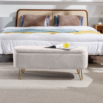 Storage Ottoman Bench For End Of Bed Gold Legs, Modern Ivory White Faux Fur Entryway Bench Upholstered Padded With Storage For Living Room Bedroom - Ivory