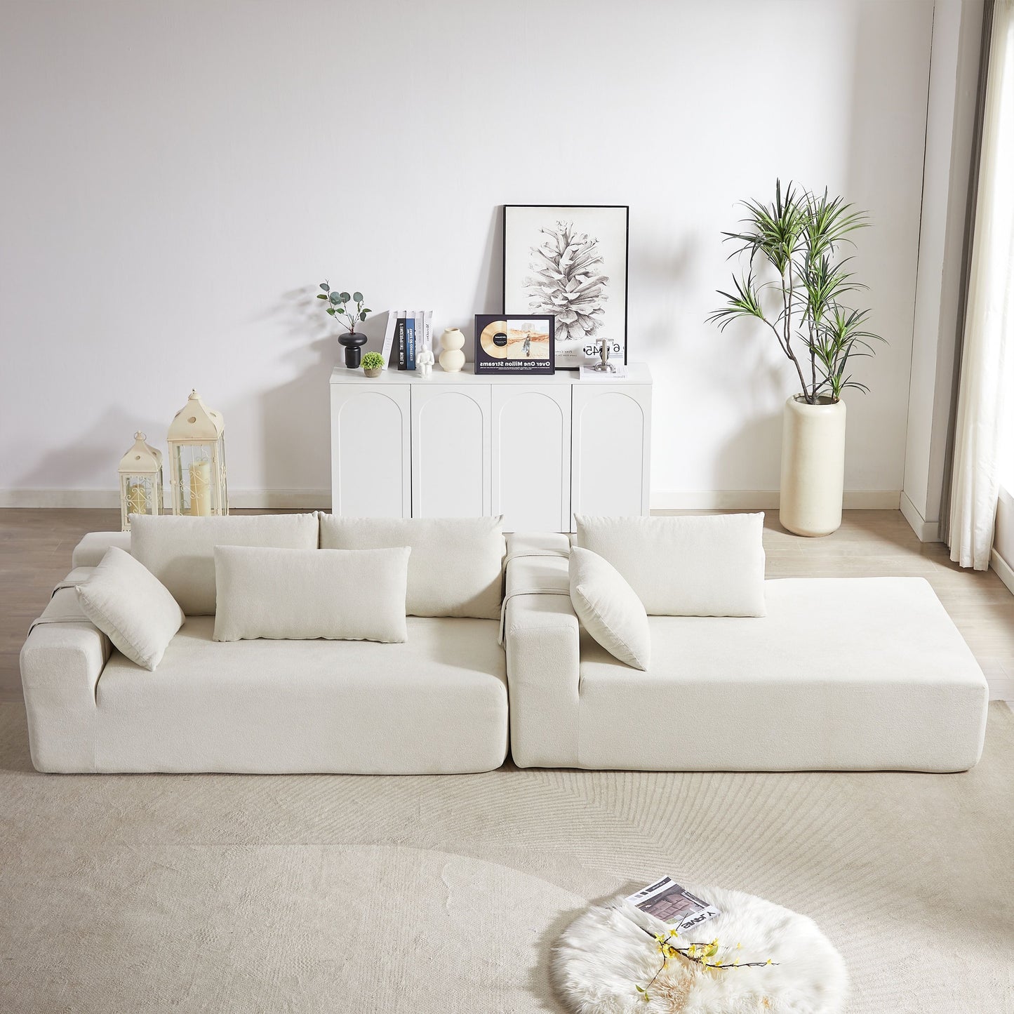 Modern Chenille Upholstered Sectional Sofa Couch Set, Modular L Shaped Sectional Living Room Sofa Set & 6 Pillows, Free Combination - Beige