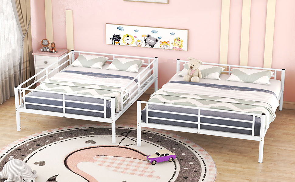 Full Long Over Queen Metal Bunk Bed - White