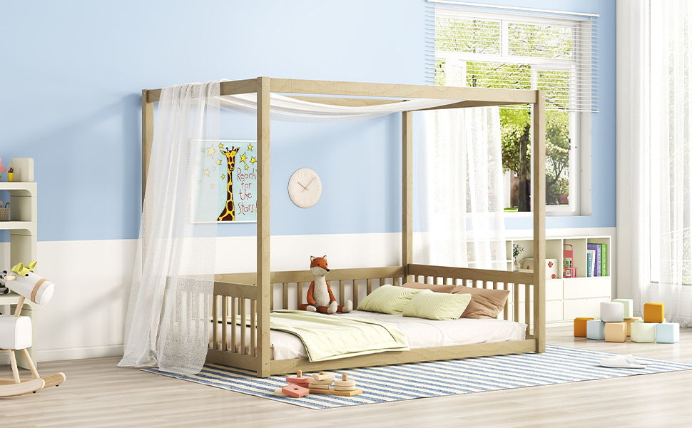 Full Size Canopy Frame Floor Bed With Fence, Guardrails - Natural