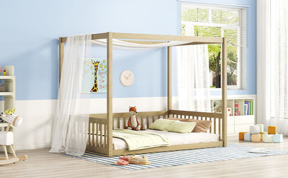 Full Size Canopy Frame Floor Bed With Fence, Guardrails - Natural