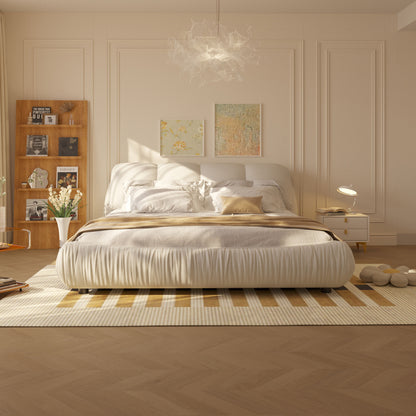 King Size Luxury Upholstered Platform Bed With Oversized Padded Backrest And Solid Wood Frame, Suitable For Multiple Heights Of Mattresses - Beige