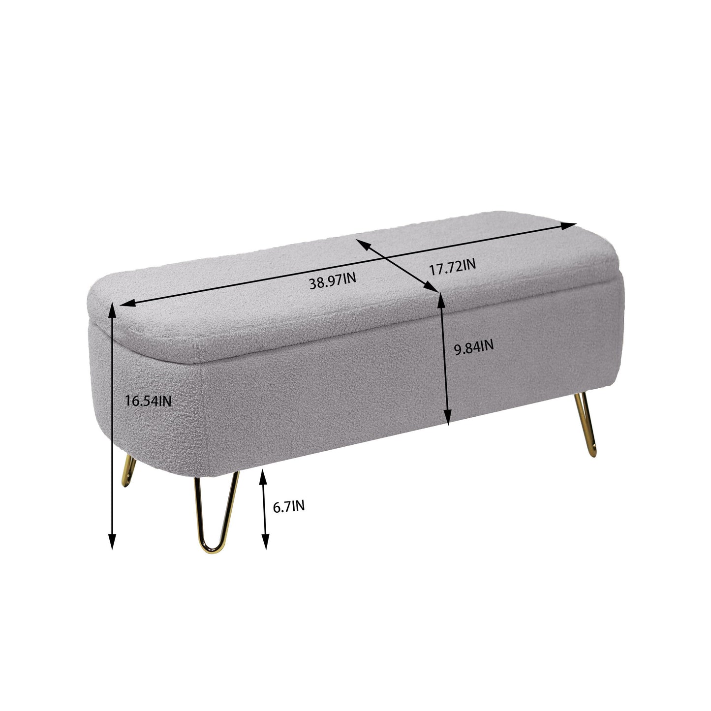 Storage Ottoman Bench For End Of Bed Gold Legs, Modern Gray Faux Fur Entryway Bench Upholstered Padded With Storage For Living Room Bedroom - Gray
