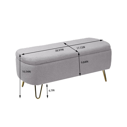 Storage Ottoman Bench For End Of Bed Gold Legs, Modern Gray Faux Fur Entryway Bench Upholstered Padded With Storage For Living Room Bedroom - Gray