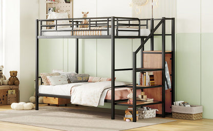 Twin Over Twin Metal Bunk Bed With Lateral Storage Ladder And Wardrobe - Black