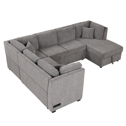 U-Shaped Sectional Sofa Pull Out Sofa Bed With Two USB Ports, Two Power Sockets, Three Back Pillows And A Storage Chaise For Living Room - Light Gray
