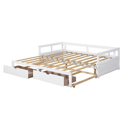 Daybed With Trundle And Two Storage Drawers, Sofa Bed For Bedroom - White