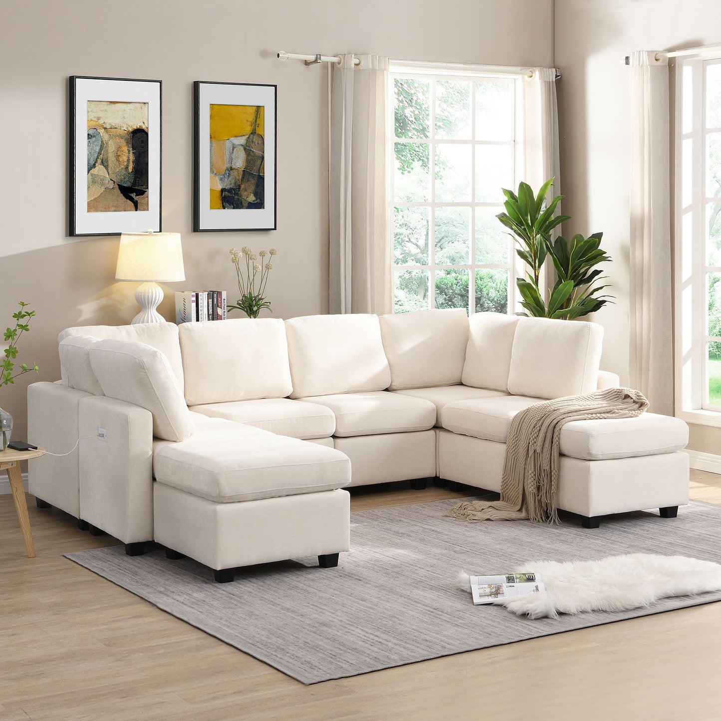 Sectional Sofa Couch Sofa Bed U-Shaped Sofa With Two Movable Ottoman And Three USB Ports For Living Room - Beige
