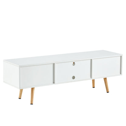 55.12" Rattan TV Cabinet, Double Sliding Doors For Storage, Adjustable Shelf, Solid Wood Legs, TV Console For Living Room - White