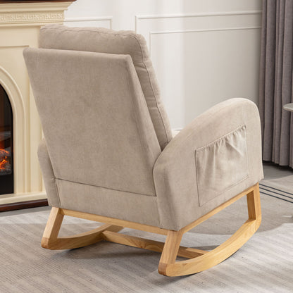 Accent Rocking Chair With Footrest High Back Rubber Wood Rocking Legs Bedroom Living Space - Beige