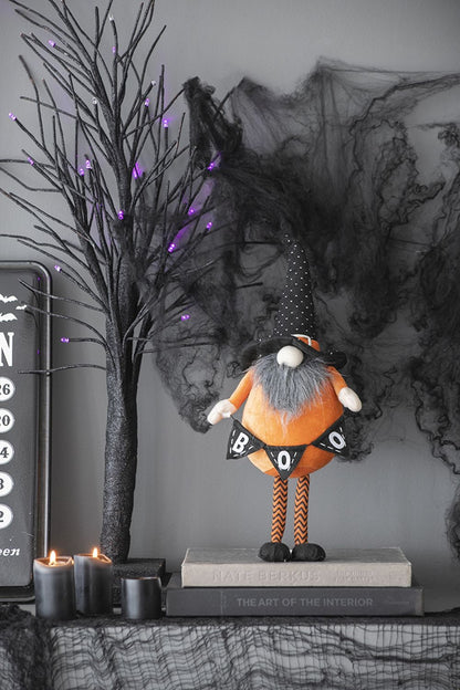 Standing Gnome With Gnome & Holding Banner, For Halloween Decor - Black / Orange / White