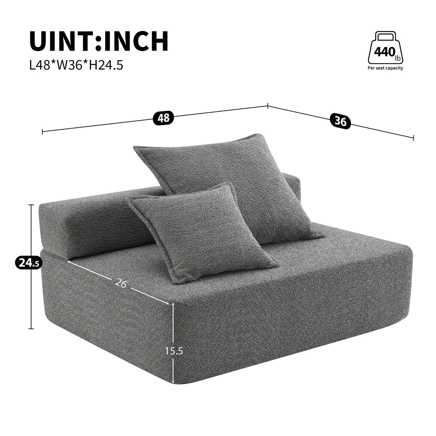 Loveseat Frame For Oversized Modular U Shaped Sectional Floor Couch Convertible Compressed Couch, Spacious Foam Filled Sofa - Gray