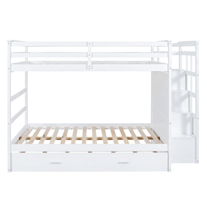 Full Over Full Bunk Bed With Twin Size Trundle And Staircase - White