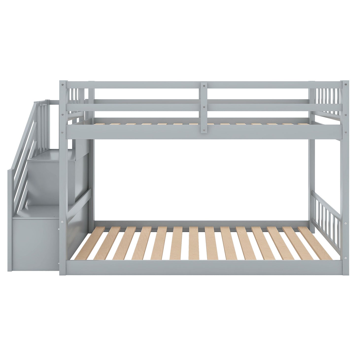 Twin Over Twin Floor Bunk Bed, Ladder With Storage - Gray