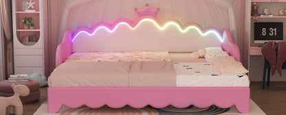 Twin Extending Daybed With LED Lights, Modern Upholstered Princess Daybed With Crown Headboard - Pink