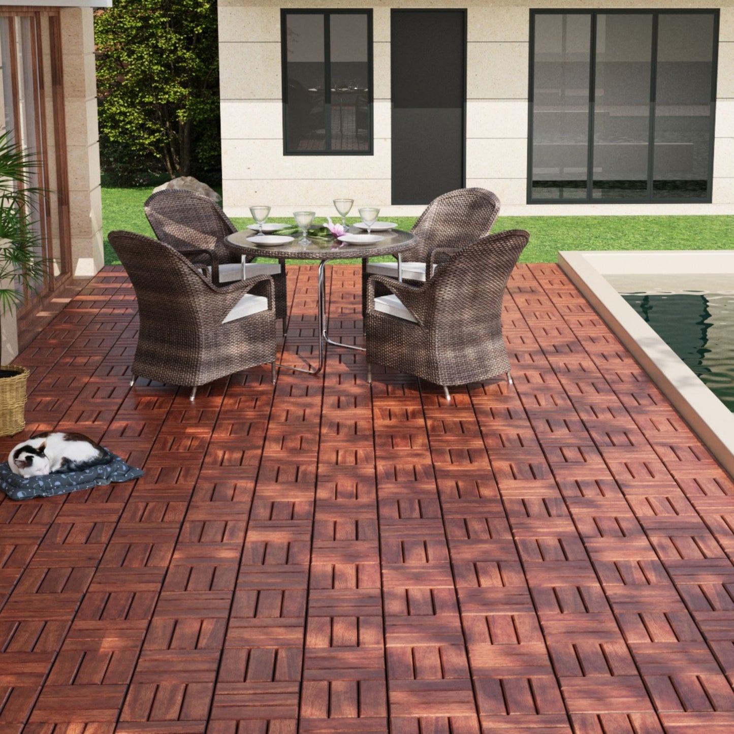 Acacia Wood Interlocking Deck Tiles Checker Pattern, 10 Piece Square Acacia Hardwood Outdoor Flooring For Patio, Bancony, Pool Side - Brown