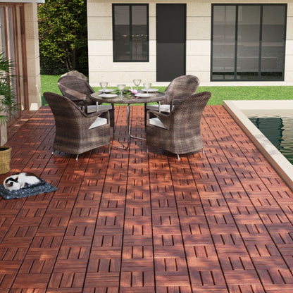 Acacia Wood Interlocking Deck Tiles Checker Pattern, 10 Piece Square Acacia Hardwood Outdoor Flooring For Patio, Bancony, Pool Side - Brown
