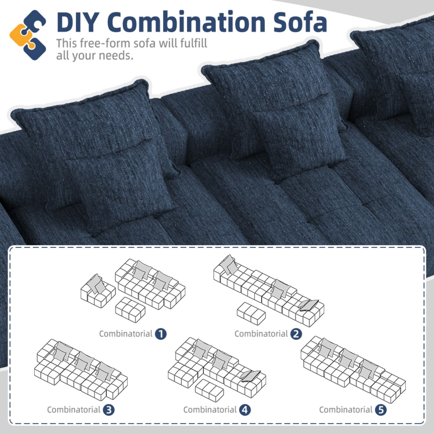 Modern Oversized Modular Sectional Sofa, Sparkling Chenille Soft Cushion Sofa With 6 Pillows, 6 Pieces Diy Combination Tufted Sofa, No Assembly Required - Blue